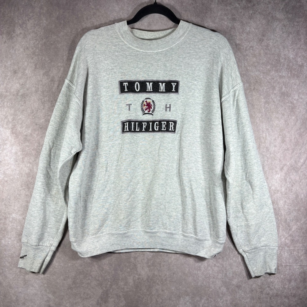 Vintage Tommy Hilfiger Sweatshirt Mens L Gray Crest Pullover Embroidered 90s y2k